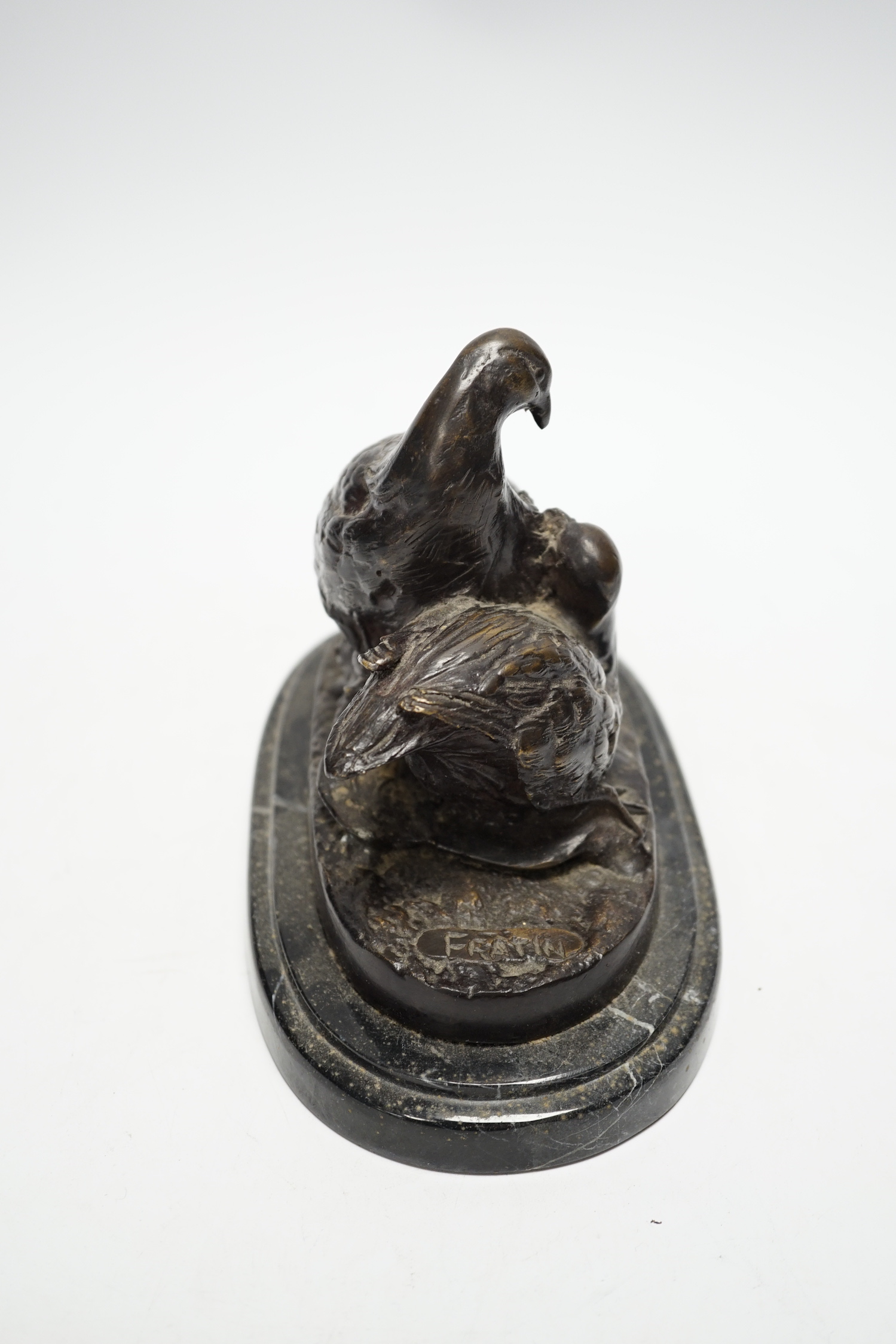 After Christopher Fratin (1801-1864) a bronze figure group of partridges, on marble base, 19cm wide